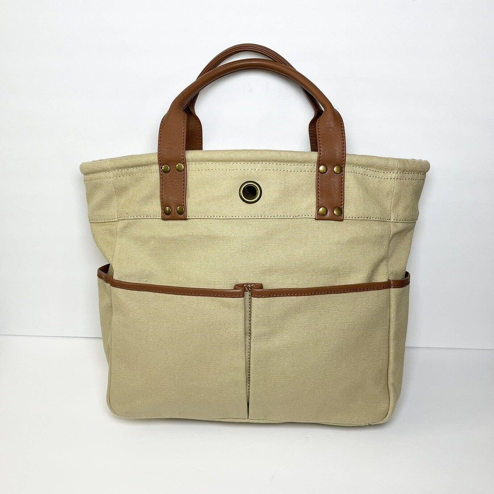 Levenger Tan Brown Canvas Tote/Purse/Book Shoulder bag 13” Utility Minimalist